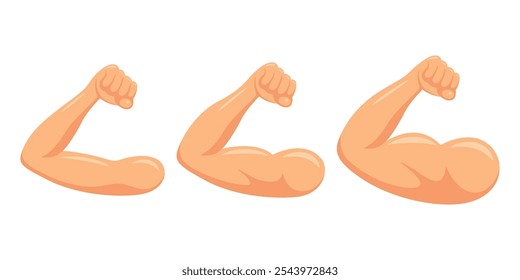 Ilustración vectorial de las etapas de crecimiento muscular. Progresión del brazo de dibujos animados de delgado a musculoso. Icono de transformación de la aptitud para la salud, gimnasio, gráficos de entrenamiento. Bíceps fuerte, crecimiento muscular, culturismo