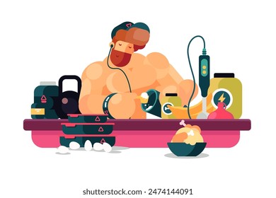 Suplementos de crecimiento muscular, Ilustración vectorial, nutrición física tema