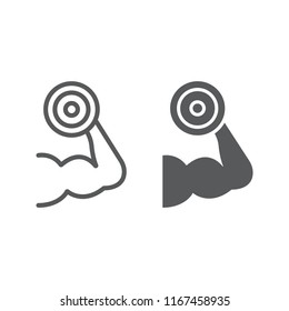 Muscle growth training line and glyph icon, gym and sport, strenght sign, vector graphics, a linear pattern on a white background, eps 10.