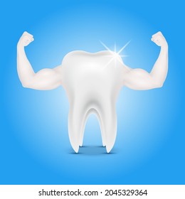 Muscle hand healthy and tooth strong sparkling white. Strong and healthy bodybuilder teeth metaphor. Children dentistry character. Teeth medical check up health concept. Realistic 3D vector.