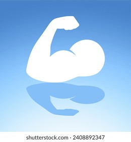 Muscle icon. Bicep. Arm. Vector icon isolated on blue background.