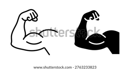 Muscle icon. Bicep symbol. Strong arm vector illustration. Gym logo. Bodybuilding fitness concept. Athlete flexing hand sign. Muscular power pictogram isolated on a white and black background
