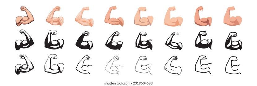 Muscle icon. Biceps symbol. Flat, silhouette and linear style.