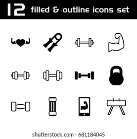 Muscle icon. set of 12 muscle filled and outline icons such as barbell, heart with muscles, muscular arm  on phone, muscular arm, expander sport, sport expander