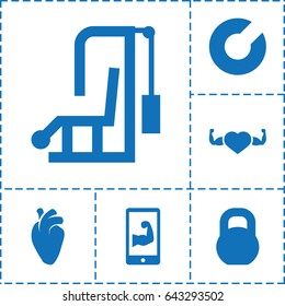 Muscle icon. set of 6 muscle filled icons such as heart with muscles, heart organ, barbell, muscular arm on phone, expander sport