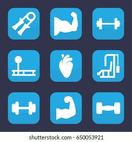Muscle icon. set of 9 filled muscle icons such as barbell, heart organ, muscular arm, sport expander, fintess equipment, muscle arm