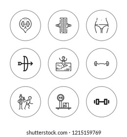Muscle icon set. collection of 9 outline muscle icons with arc, barbell, dumbbell, fitness, waist, weight icons. editable icons.