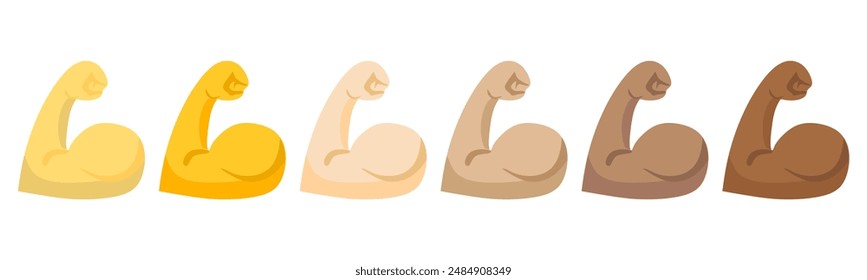 Conjunto de iconos musculares, emoji de mano de icono de brazo de bíceps flexionado. Signo de las hazañas de la fuerza - Icono del brazo muscular del bíceps - Músculos del brazo de flexión, iconos fuertes.