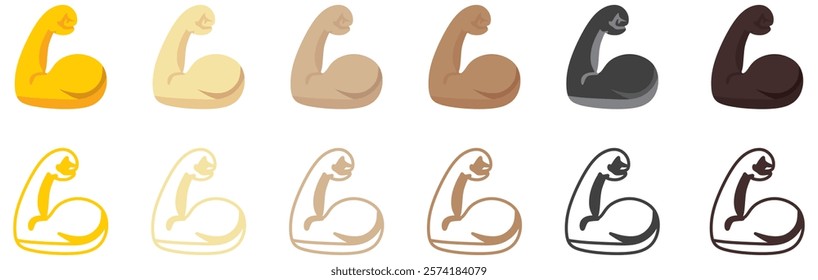 Muscle icon set, flexed bicep arm icon hand emoji. Feats of strength sign - Biceps muscular arm icons.