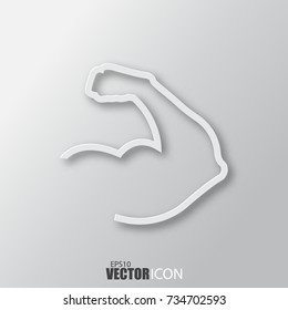 Muscle icon in white style with shadow isolated on grey background. For your design, logo. Vector illustration.