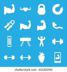 Muscle icons set. set of 16 muscle filled icons such as barbell, muscle, heart organ, abdoninal workout, bodybuilder, muscular arm  on phone, muscular arm, expander sport