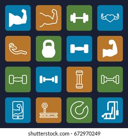 Muscle icons set. set of 16 muscle filled and outline icons such as barbell, muscular arm, heart with muscles, abdoninal workout, muscular arm  on phone, muscle arm