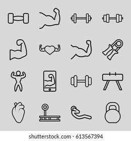 Muscle icons set. set of 16 muscle outline icons such as barbell, muscle, heart organ, abdoninal workout, bodybuilder, muscular arm  on phone, muscular arm, sport expander