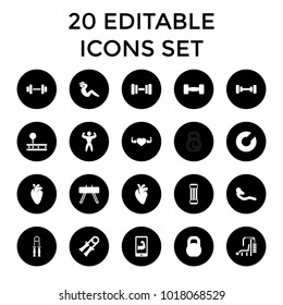 Muscle icons. set of 20 editable filled muscle icons such as barbell, expander sport, sport expander, fintess equipment. best quality muscle elements in trendy style.