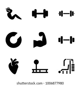 Muscle icons. set of 9 editable filled muscle icons such as expander sport, fintess equipment, barbell, muscular arm, gym equipment, heart organ