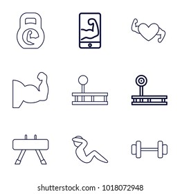 Muscle icons. set of 9 editable outline muscle icons such as fintess equipment, muscular arm  on phone, barbell, muscle arm, heart with muscles