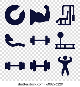Muscle icons set. set of 9 muscle filled icons such as barbell, abdoninal workout, bodybuilder, expander sport, fintess equipment, muscle arm