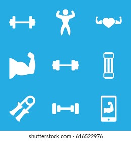 Muscle icons set. set of 9 muscle filled icons such as barbell, heart with muscles, bodybuilder, muscular arm  on phone, expander sport, sport expander