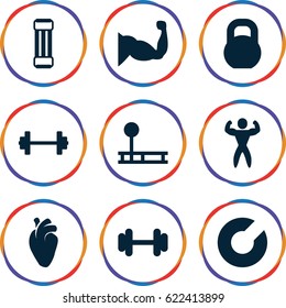 Muscle icons set. set of 9 muscle filled icons such as barbell, muscle, heart organ, bodybuilder, expander sport