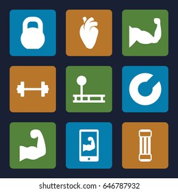 Muscle icons set. set of 9 muscle filled icons such as muscle, heart organ, barbell, muscular arm  on phone, muscular arm, expander sport