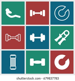 Muscle icons set. set of 9 muscle filled and outline icons such as barbell, abdoninal workout, expander sport