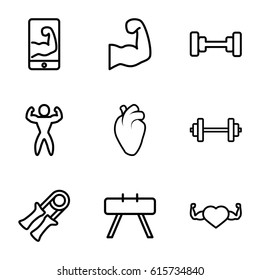 Muscle icons set. set of 9 muscle outline icons such as barbell, heart with muscles, heart organ, bodybuilder, muscular arm  on phone, muscular arm, sport expander