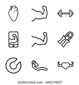 Muscle icons set. set of 9 muscle outline icons such as muscle, heart organ, abdoninal workout, muscular arm  on phone, barbell, sport expander