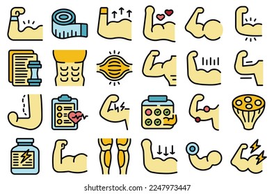 Muscle icons set outline vector. Fiber tissue. Muscular body color flat