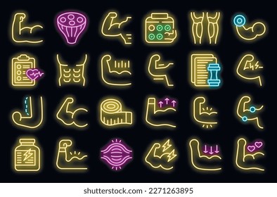 Muscle icons set outline vector. Fiber tissue. Muscular body neon color on black