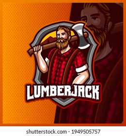 Muscle Lumberjack mascot esport logo design illustrations vector template, Angry Lumberjack with Axe logo for team game streamer youtuber banner twitch discord