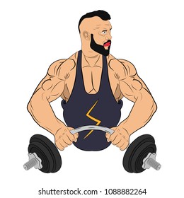 muscle man with barbell. body building concept vector drawing illustration