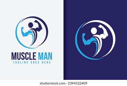Muscle Man Logo Design. Abstract Muscular Man Pose Combine with Circle Shapes. Vector Logo Illustration.