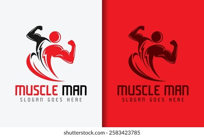 Muscle Man Logo Design. Abstract Muscular Man Pose With Minimalist Style Concept. Vector Logo Illustration.