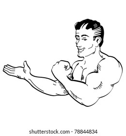 Muscle man in one color, black and white or pen and ink style.