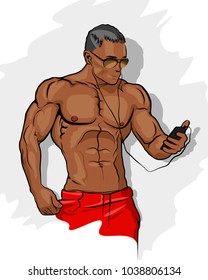 Muscle man silhouette graffiti icon, lifting weights fitness gym icon, athlete men's physique banner, bodybuilder logo on empty background, athlete men's bare torso. Men's physique lettering