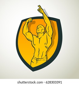 Muscle man silhouette on shield background, lifting weights fitness gym icon bodybuilder logo