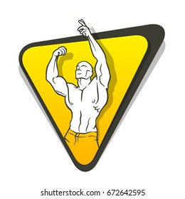 Muscle man silhouette on triangle color banner. Lifting weights background, fitness gym icon. Bodybuilder on color background badge banner