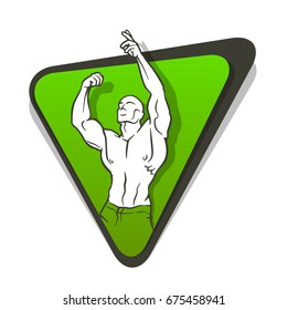 Muscle man silhouette on triangle color banner. Lifting weights background, fitness gym icon. Bodybuilder on color background badge banner