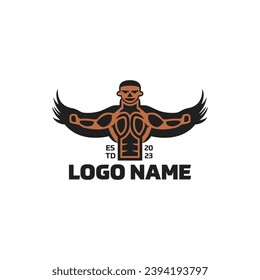 Muscle man with wings logo. Simple, modern, character.

