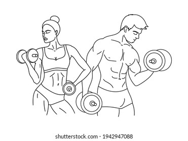 Muscle man and woman with dumbbells. Bodybuilders outline silhouette or sketch. Gym, workout, fitness, powerlifting logo concept. Vector illustration.