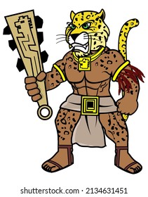 muscle mexican leopard warrior aztec character cartoon illustration in vector format