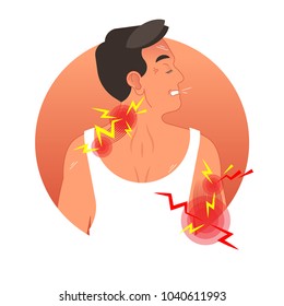 Muscle Pain Concept Vector Illustration With Human Torso. Pain Circles On Arm And Neck. Work Safety And Sports Injury.