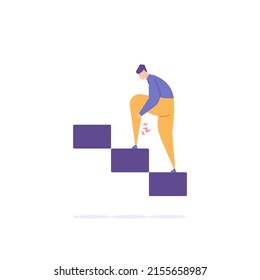 muscle pain and heat in the legs, cramps, neurological diseases. A man feels pain in his leg when walking up stairs. body and health problems. flat cartoon illustration. vector concept design