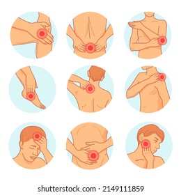 Muscle Pain Joints. Frozen Body Joint Injury Inflammation Neck Back Elbow Shoulder, Chiropractor Treatment Cervical Spine Sciatica Jaw Hand Knee, Cartoon Neat Vector Illustration. Injury Muscle Pain