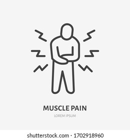 Muscle pain line icon, vector pictogram of person with stomach ache. Man having body inflammation illustration, flu symptom sign for medical poster.