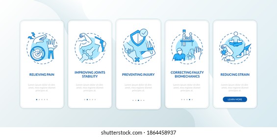 Muscle pain relieve blue onboarding mobile app page screen with concepts. Kinesiology treatment walkthrough 5 steps graphic instructions. UI vector template with RGB color illustrations