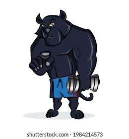 muscle panther holding barble cartoon mascot for gym and fitness