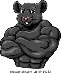 Muscle Rat Body Builder, Strong Rat, Black fur, Friendly Face, Cartoon Character, Vector File Illustration.