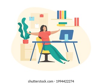 Muscle relaxation during work. Woman watches video fitness and repeats movements. Restoring body tone after long hours sitting. Active warm up and good mood. Vector illustration isolated.