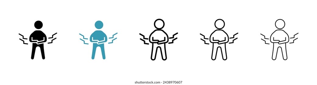 Iconos de dolor muscular y estomacal. Símbolos de alerta de inflamación y dolor.